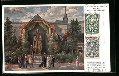 Künstler-AK Salzburg, Salzburger Wehrmann Kaiser Karl der Grosse, Kriegshilfe