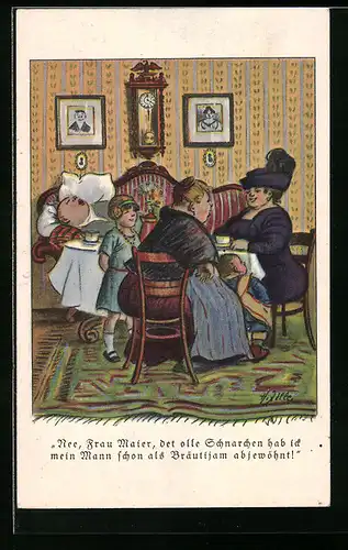Künstler-AK Heinrich Zille: Nee, Frau Maier, det olle Schnarchen hab ick mein Mann schon als Bräutijam abjewöhnt!, Humor