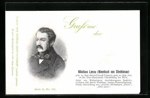 AK Portrait von Nikolaus Lenau, Niembsch von Strehlenau, ungarischer Dichter