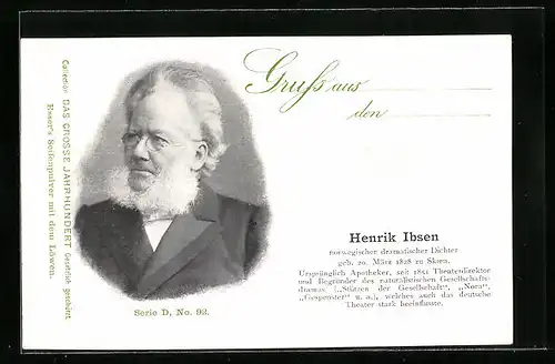 AK Portrait Dichter Henrik Ibsen mit Bart und Brille