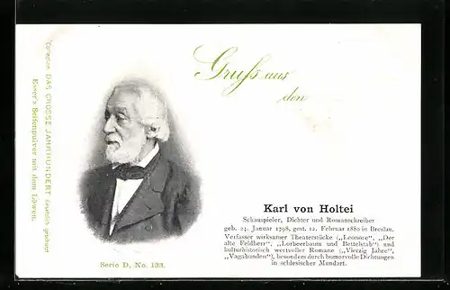 AK Portrait Dichter Karl von Holtei im Anzug