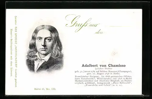 AK Lyrischer Dichter Adalbert von Chamisso im Portrait