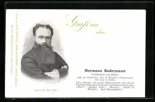 AK Portrait Schriftsteller Hermann Sudermann mit Vollbart im Anzug