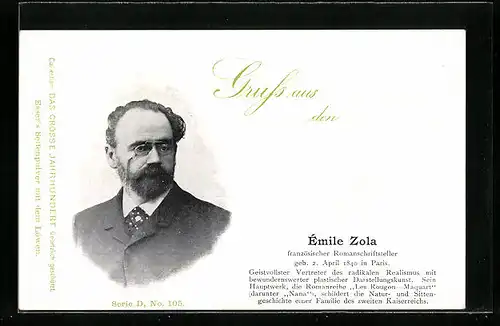 AK Portrait Schriftsteller Émile Zola mit Zwicker im Anzug