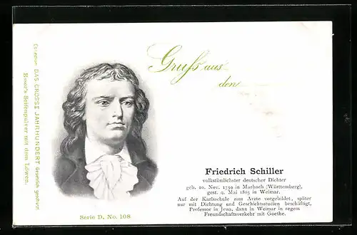 AK Friedrich Schiller im Portrait, volkstümlicher deutscher Dichter
