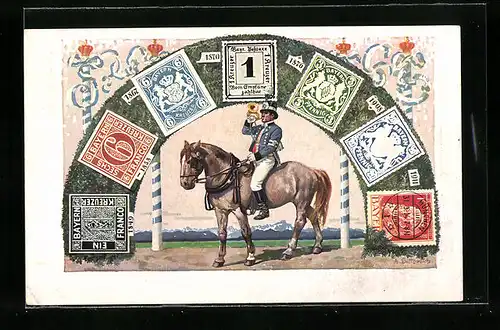 Künstler-AK München, Postbote zu Pferde, Briefmarken von Bayern, Ganzsache Bayern, König Ludwig III.