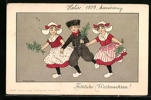 Künstler-AK Florence Hardy: Kleine Holländer mit Stechpalmenzweigen