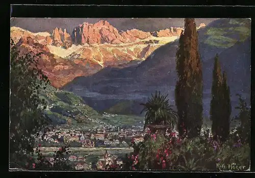 Künstler-AK Rudolf Alfred Höger: Bolzano, Bolzano col Catinaccio, Dolomiti