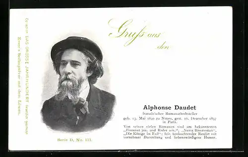 AK Portrait Romanschriftsteller Alphonse Daudet mit Bart und Hut im Anzug