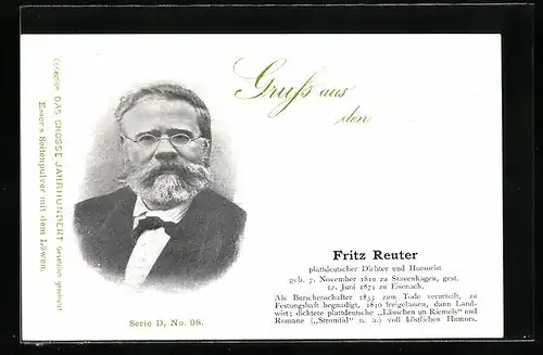 AK Portrait Fritz Reuter, plattdeutscher Dichter und Humorist