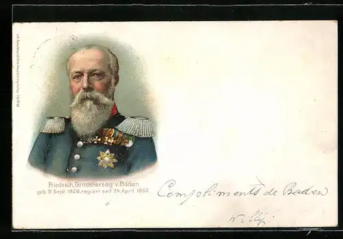 Lithographie Grossherzog Friedrich von Baden im Portrait