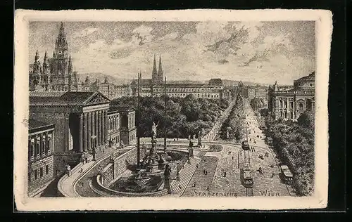 Künstler-AK Carl Jander: Wien, Der Franzensring, Strassenbahnen