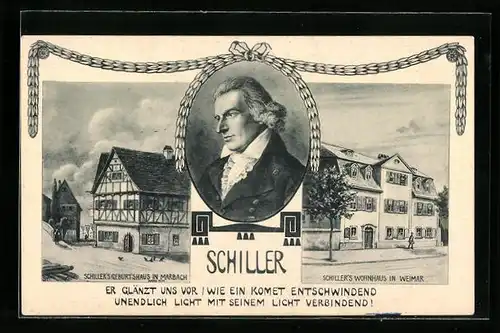 Künstler-AK Weimar, Schillers Geburtshaus in Marbach, Schillers Wohnhaus zu Weimar