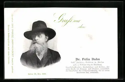 AK Dichter Dr. Felix Dahn als betagter Herr mit Hut