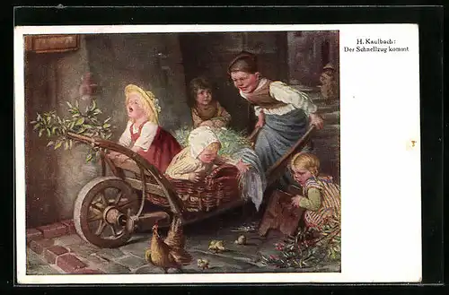 Künstler-AK Hermann Kaulbach: Der Schnellzug kommt, Junge schiebt Kinder im Karren