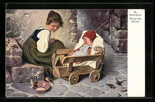 Künstler-AK Hermann Kaulbach: Hungrige Gäste, Spatzen am Napf