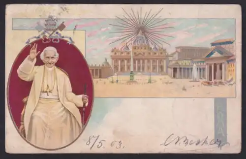 Lithographie Rom, Dom mit Petersplatz, Papst Leo XIII.