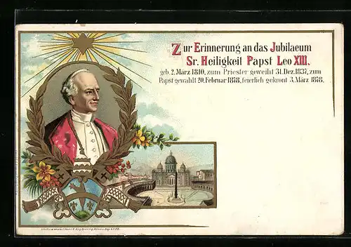 Lithographie Konterfei Papst Leo XIII., Petersplatz mit Dom in der Vatikanstadt