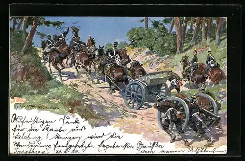 Künstler-AK Anton Hoffmann - München: Artillerie beim Transport des Geschützes