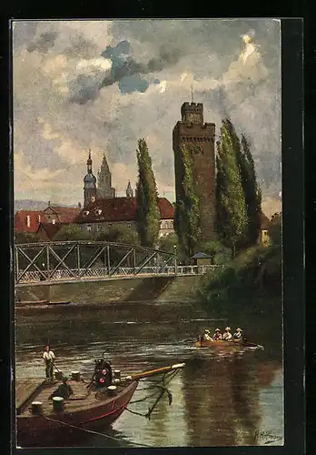 Künstler-AK Heinrich Hoffmann: Heilbronn, Partie am Neckar mit dem Götzenturm