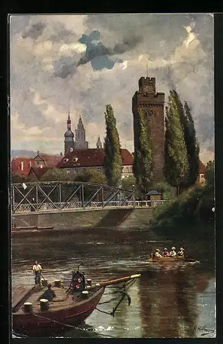 Künstler-AK Heinrich Hoffmann: Heilbronn, Partie am Neckar mit dem Götzenturm