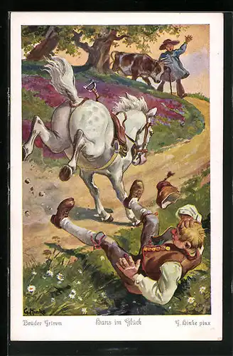 Künstler-AK sign. G. Hinke: Hans im Glück, Hans wollte sein Pferd zum Galopp anspornen..., Märchen
