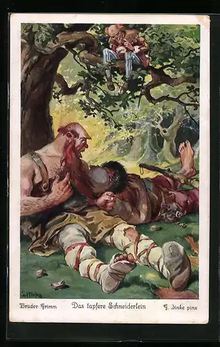 Künstler-AK sign. G. Hinke: Das tapfere Schneiderlein sät Streit unter den Riesen