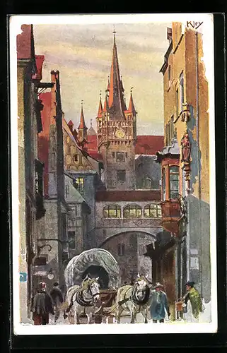 Künstler-AK Heinrich Kley: Nürnberg, Strasse Rathausgasse mit Tor und Pferdewagen
