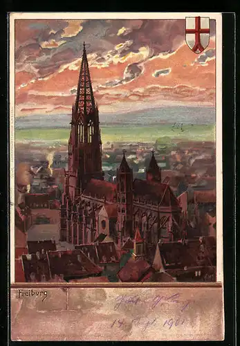 Künstler-AK Heinrich Kley: Freiburg, Münster aus der Vogelschau