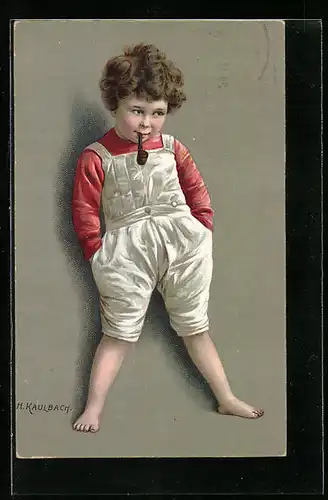 Künstler-AK Hermann Kaulbach: Frechdachs, Kleiner Junge raucht Tabakpfeife