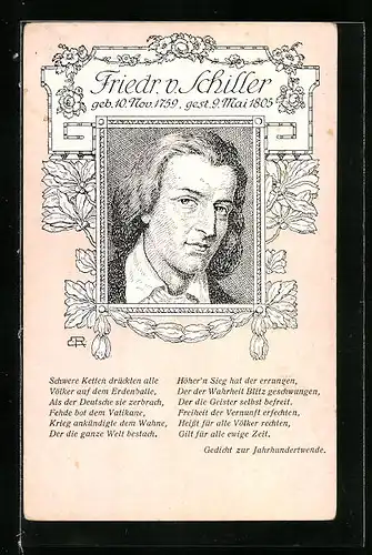 Künstler-AK Portrait Friedrich von Schiller, Gedicht zur Jahrhundertwende