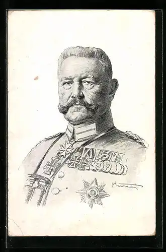 Künstler-AK Portrait Paul von Hindenburg mit Ordensspange und Fernglas