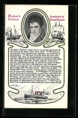 Künstler-AK Portrait Robert Fulton, Inventor of Steam Vessels
