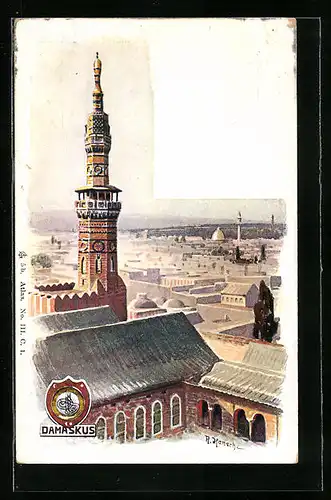Künstler-AK Damaskus, Blick über die Stadt, Minarett im Vordergrund