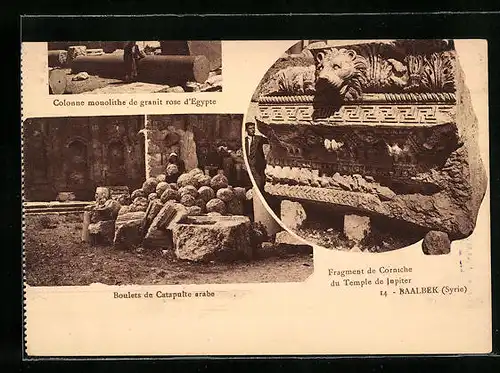 AK Baalbek, Fragment de Corniche du Temple de Jupiter, Colonne monolithe de granit rose d`Egypte