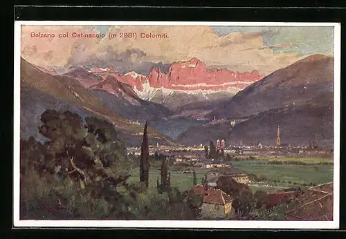 Künstler-AK Edward Harrison Compton: Bolzano, Panorama col Catinaccio, Dolomiti