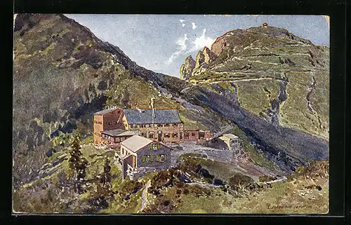 Künstler-AK Edward Harrison Compton: Herzogstand-Haus, Berghütte mit Panorama