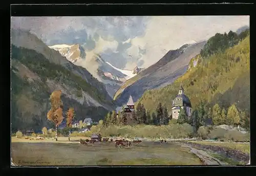 Künstler-AK Edward Harrison Compton: Böckstein, Ortspartie mit weidenden Kühen