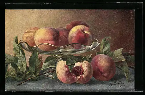 Künstler-AK M. Billing: Schale mit Pfirsichen
