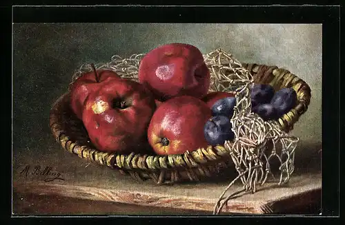 Künstler-AK M. Billing: Korb mit Äpfeln und Pflaumen