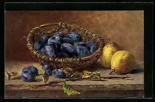 Künstler-AK M. Billing: Korb mit Pflaumen neben Birnen