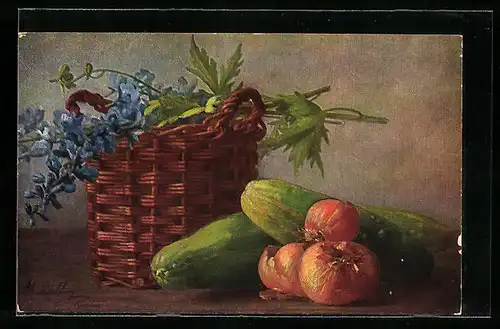 Künstler-AK M. Billing: Korb mit Blumen neben Gurken und Zwiebeln