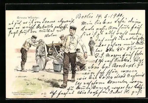 Künstler-AK Carl Becker: Grosse Wäsche, Soldaten putzen die Kanone