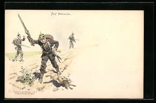 Künstler-AK Carl Becker: Soldaten auf Patrouille und Hase