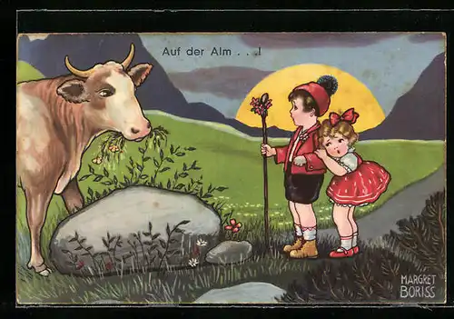 Künstler-AK Margret Boriss: Kinderpaar mit Kuh auf der Alm