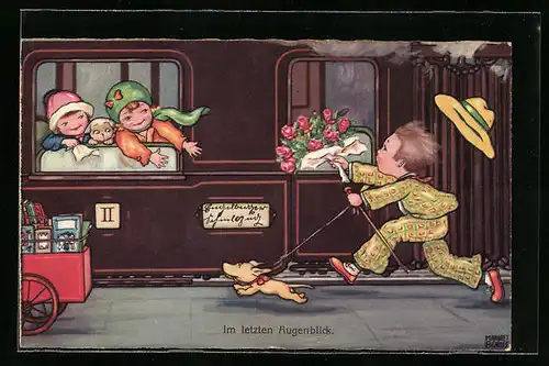 Künstler-AK Margret Boriss: Junge mit Blumen läuft Mädchen in Bahn nach