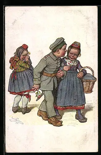 Künstler-AK Emil Beithan: Soldat hat eine neue Freundin, seine Verflossene weint