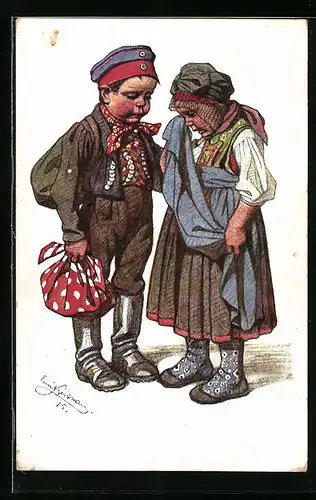 Künstler-AK Emil Beithan: Paar weint beim Abschied bittere Tränen