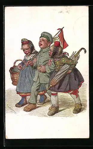 Künstler-AK Emil Beithan: Soldat mit zwei feschen Hessinnen am Arm