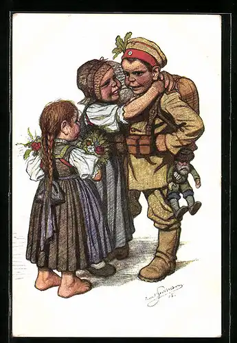 Künstler-AK Emil Beithan: Heimkehrender Soldat wird von Frau und Tochter empfangen